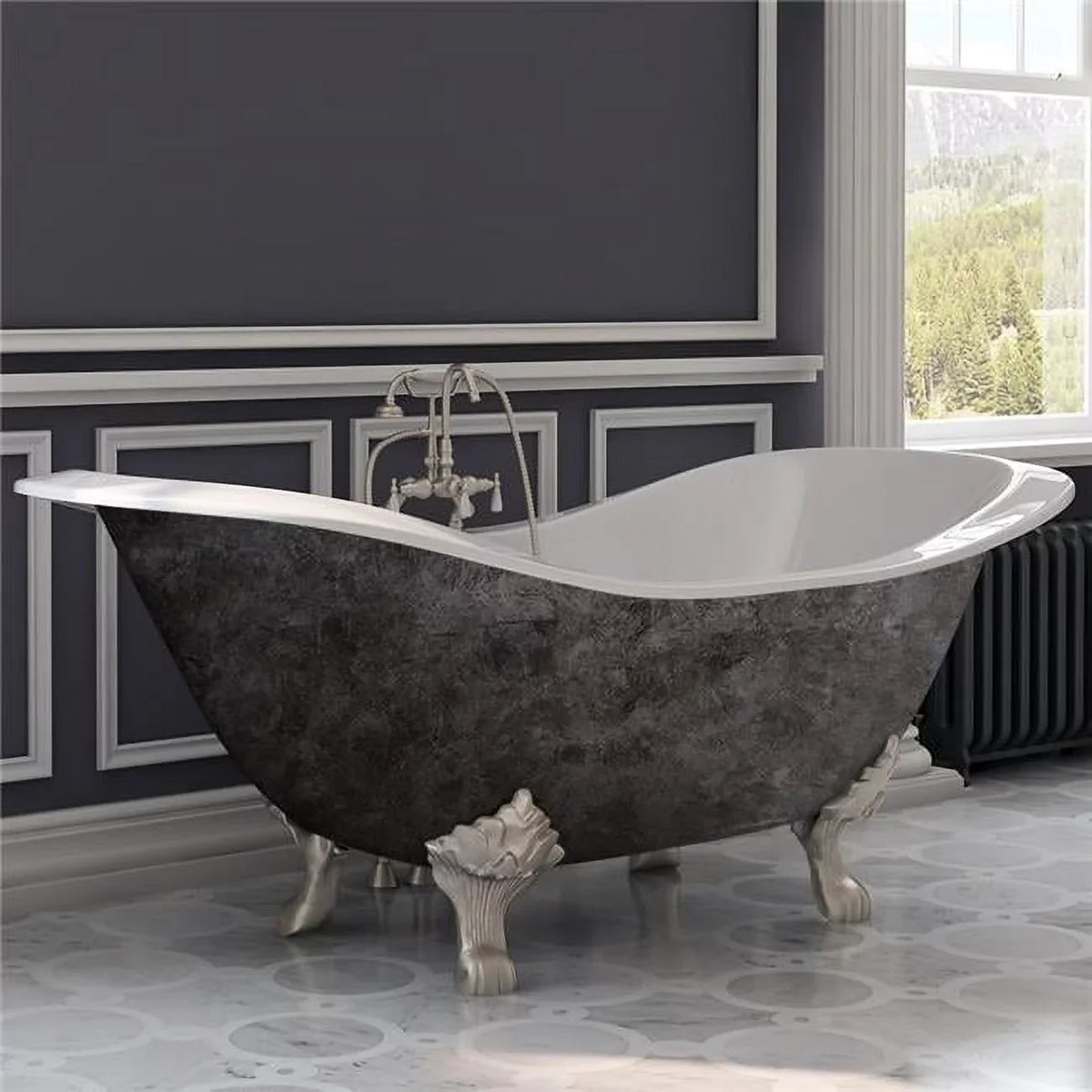 Cambridge Plumbing  71 in. Scorched Platinum Cast Iron Double Slipper Tub, Brushed Nickel Lions Paw Feet, 7 in. Deck Mount Faucet Holes