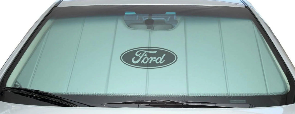 Covercraft UVS100 Custom Sunscreen with Black Ford Oval logo for 2015-2019 Ford Transit-150, 2015-2019 Transit-250, 2015-2019 Transit-350, 2015-2019 Transit-350  | UFF11631SV | Silver