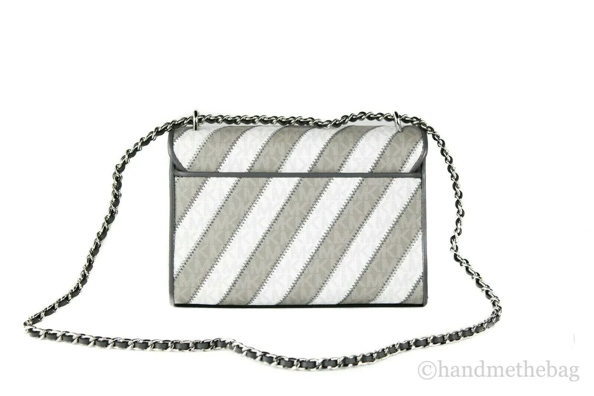 Michael Kors Rose Pearl Grey Striped Signature  Medium Flap Shoulder Handbag