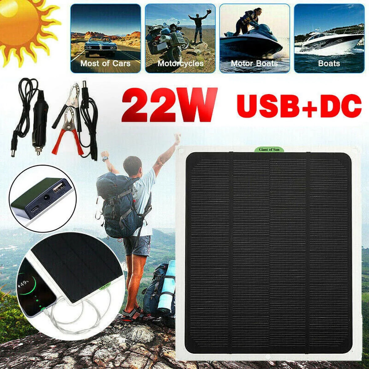22W 12V Portable Solar Battery Charger & Maintainer - Solar Panel-Built - in Intelligent Charge Controller-Solar Powered Charger for Automobile Car , etc…