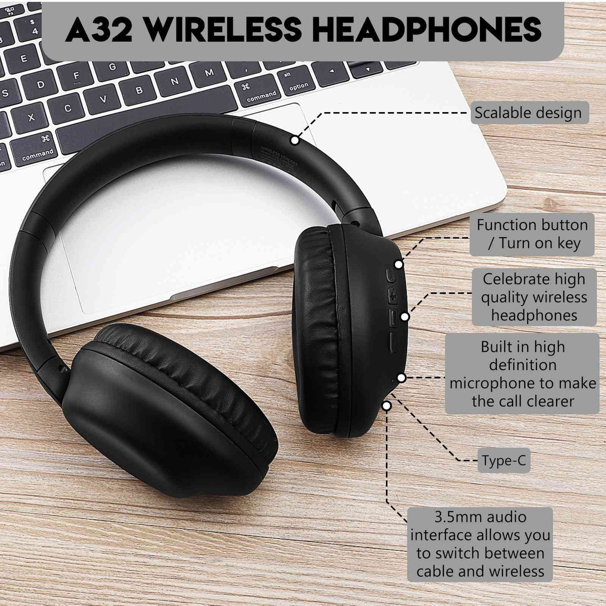 UrbanX UX35 Wireless Bluetooth Stereo Earphones with High Resolution Audio, Deep Bass, Superior Comfort Over The Ear Headphones with Mic for  Desire 12+ Phone Call Support