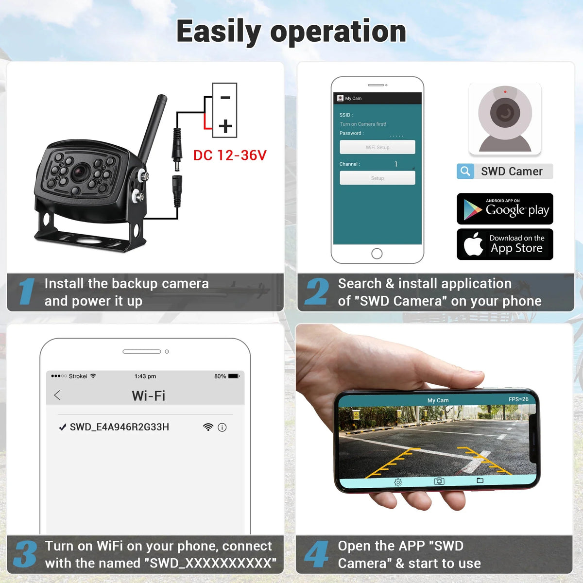 Yescom Wireless Backup Camera WiFi Rear View Waterproof Wide Angle Digital Signal for Trailer Truck  Camper Compatible with iPhone Android