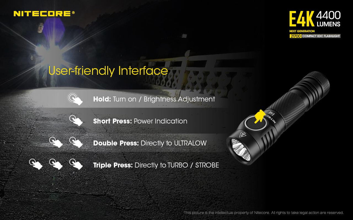 Combo:  E4K Flashlight -1x  21700 Rechargeable Li-ion Battery Included w/Offset Mount