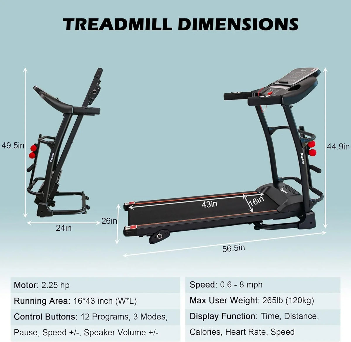 Foldable 16.5 Inch Fitness Portable Treadmill With Bluetooth Connectivity,  Display, And Tracking Apps For Home Gym Equipment, Black