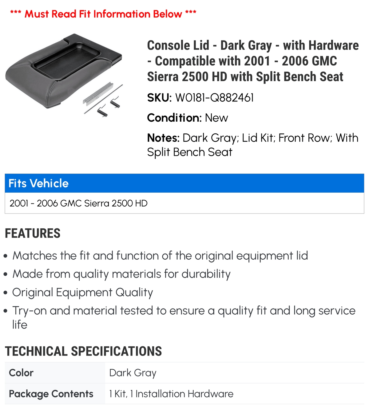 Console Lid - Dark Gray - with Hardware - Compatible with 2001 - 2006  Sierra 2500  with Split Bench Seat 2002 2003 2004 2005