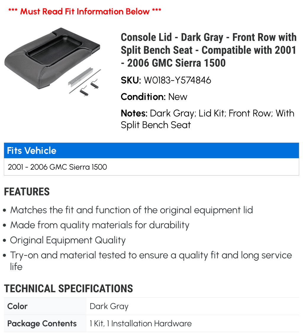 Console Lid - Dark Gray - Front Row with Split Bench Seat - Compatible with 2001 - 2006  Sierra 1500 2002 2003 2004 2005