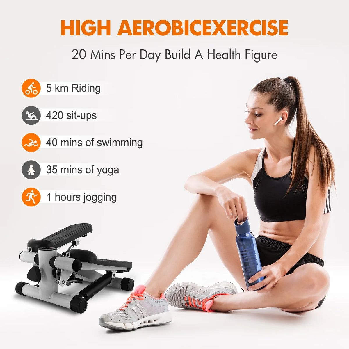 Stepper for Exercise, Stair Stepper Cardio Equipment with Resistance Bands, Mini Stepper Adjustable Stride Height Gray