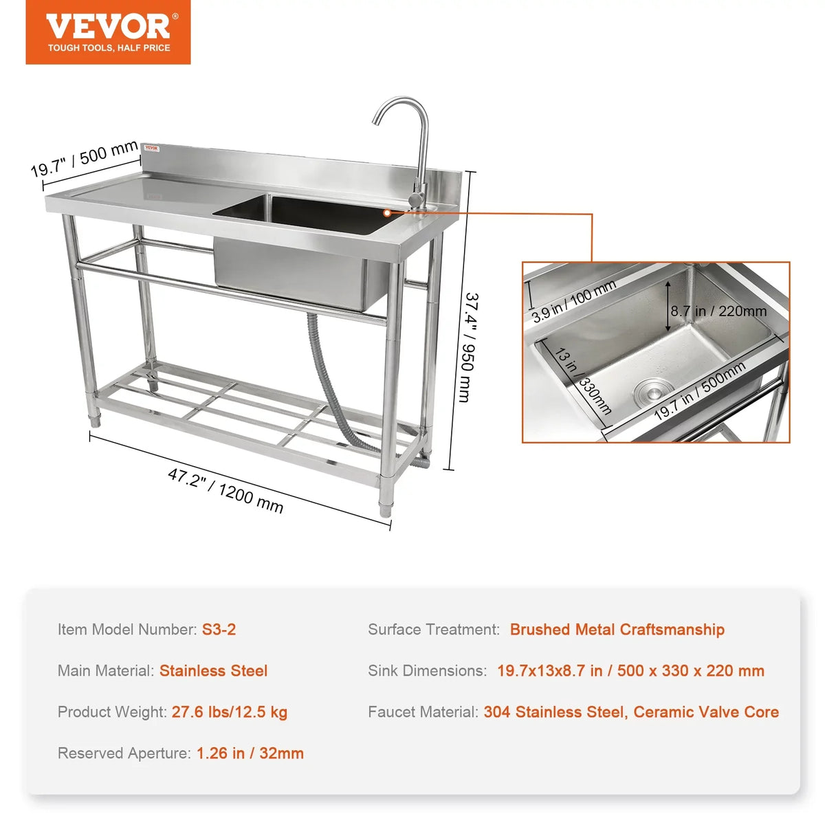 Commercial Utility & Prep Sink Single Bowl w/Workbench 47.2x19.7x37.4 in