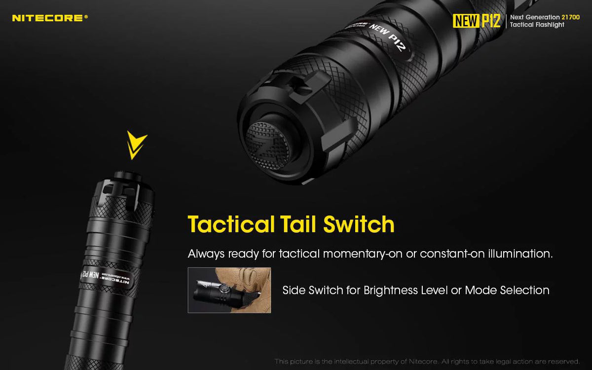 Nitecore New P12 Version  Flashlight - 1200 Lumens w/NL2150HPR Battery,  Cord, Offset Mount, RSW3 Pressure Switch,  and  3Amp Wall Adapter