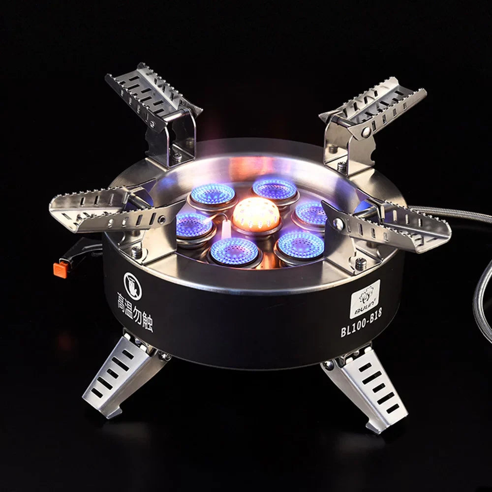 18000W High-power Camping Stove with Piezo Ignition Windproof Seven-core Gas Stove Foldable Backpacking Stove For Fishing Hiking Traveling