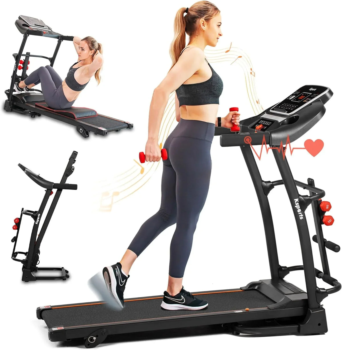 Foldable 16.5 Inch Fitness Portable Treadmill With Bluetooth Connectivity,  Display, And Tracking Apps For Home Gym Equipment, Black