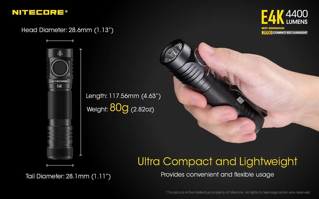 E4K Next generation 21700 Compact  Flashlight - 4x  -L2 V6 - 4400 Lumens w/ 1x  21700 Rechargeable Li-ion Battery and  Eco-Sensa Battery Case