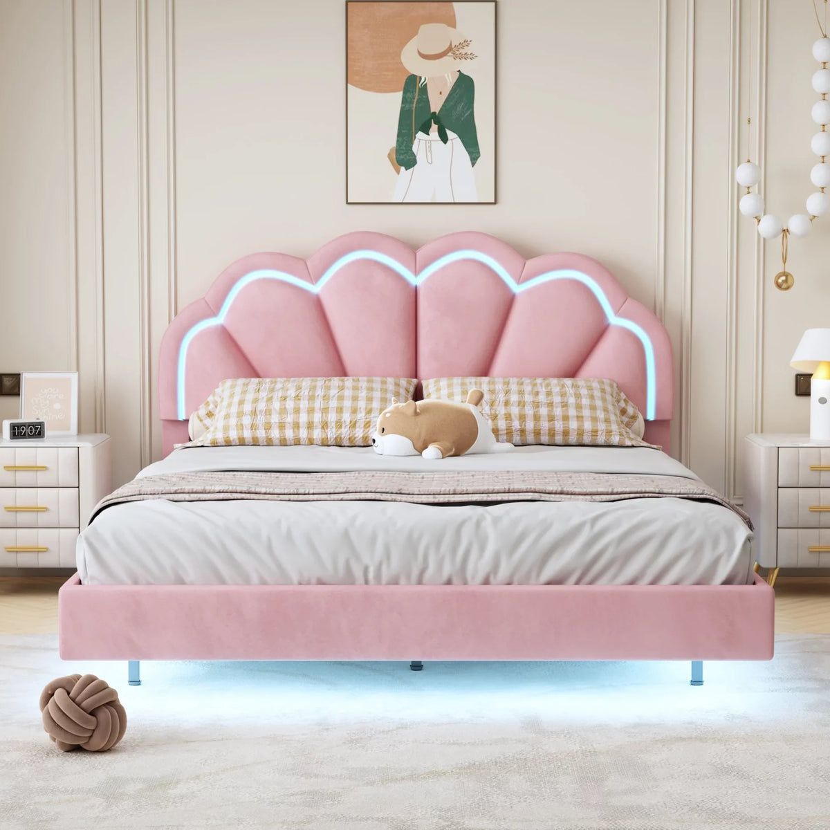 CoSoTower Queen Upholstered Smart  Bed Frame with Elegant Flowers Headboard,Floating Velvet Platform  Bed with Wooden Slats Support,Pink