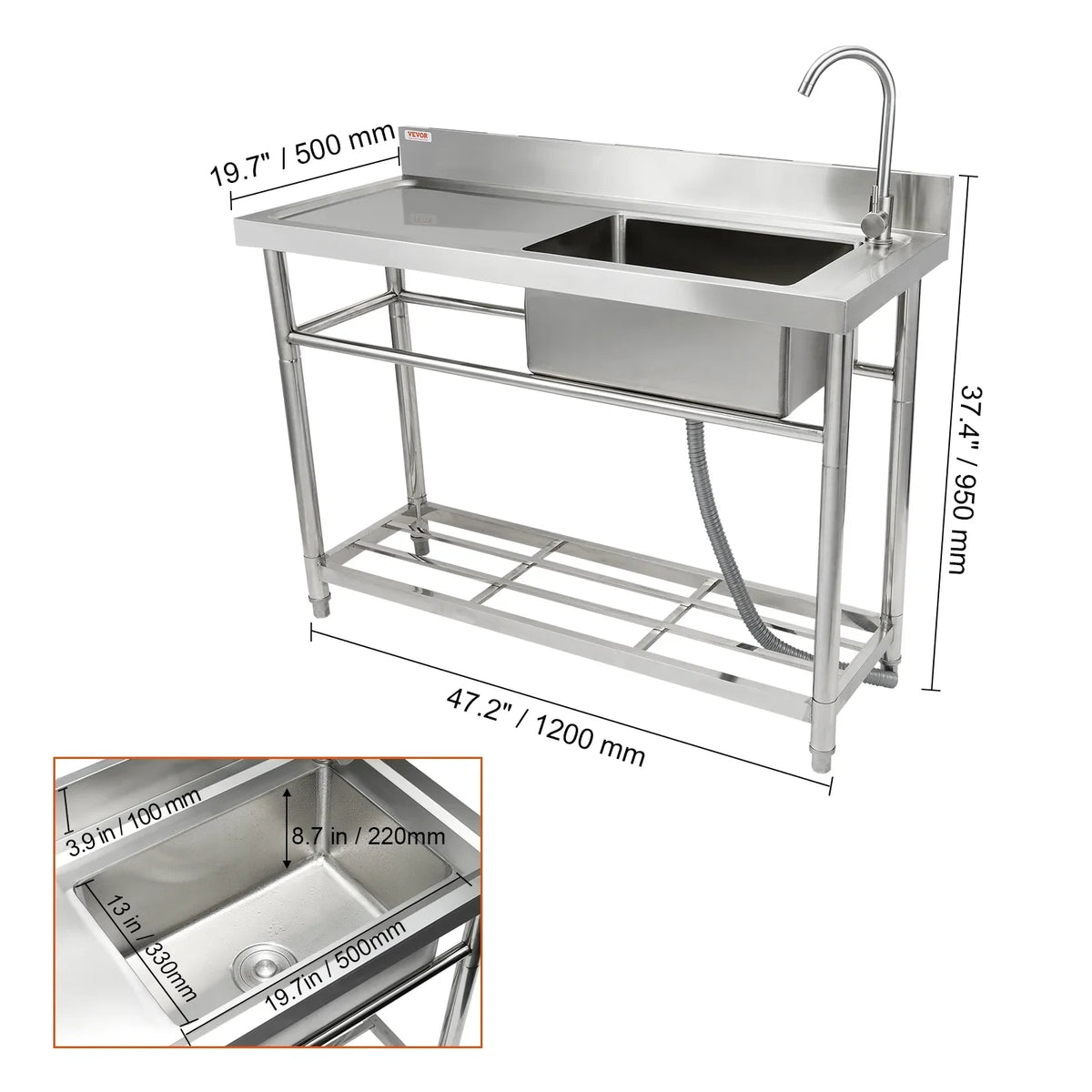 Commercial Utility & Prep Sink Single Bowl w/Workbench 47.2x19.7x37.4 in