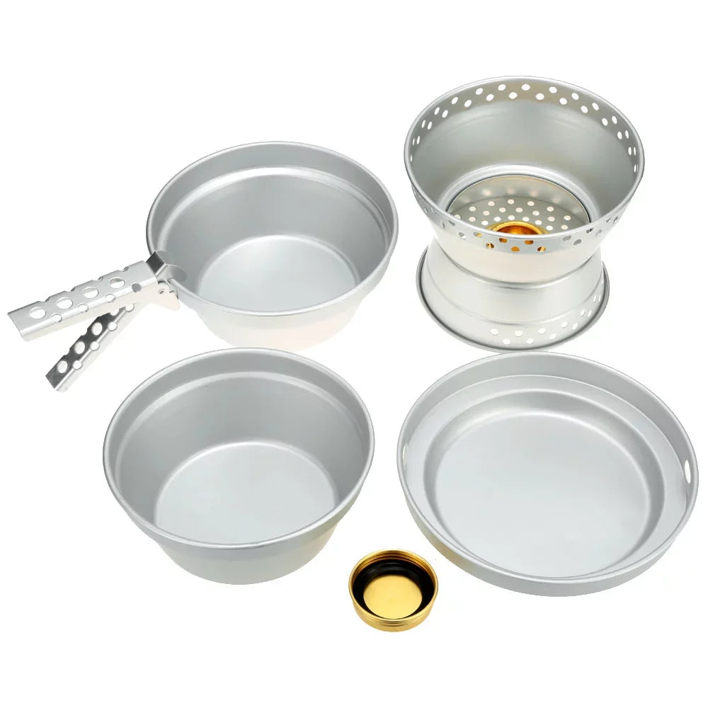 ammoon Cookware Set Portable Camping Stove Spirit with Stand Pot Pan and Gripper for Backpacking Hiking Picnic