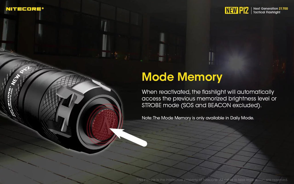 Nitecore New P12 Version  Flashlight - 1200 Lumens w/NL2150HPR Battery,  Cord, Offset Mount, RSW3 Pressure Switch,  and  3Amp Wall Adapter
