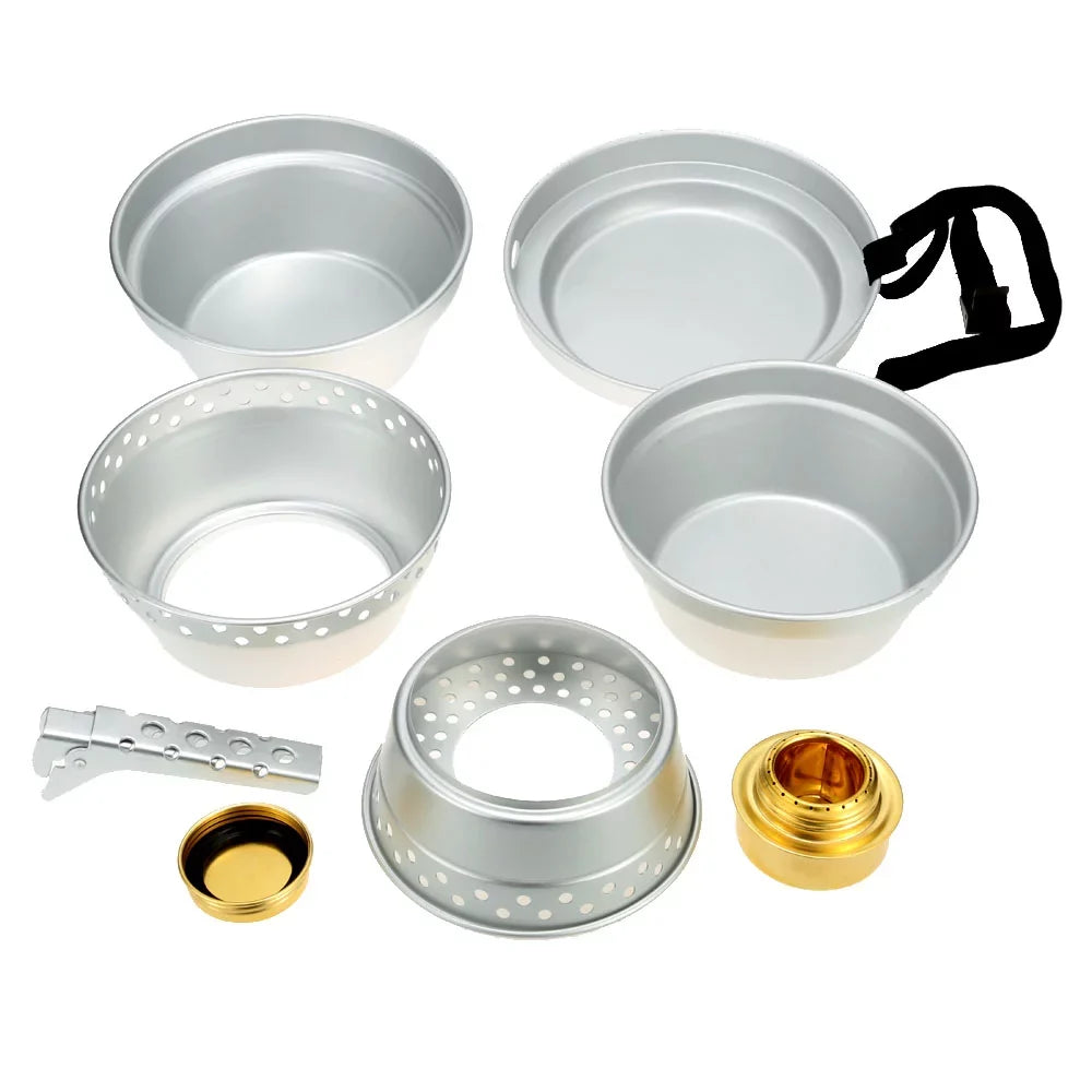 ammoon Cookware Set Portable Camping Stove Spirit with Stand Pot Pan and Gripper for Backpacking Hiking Picnic