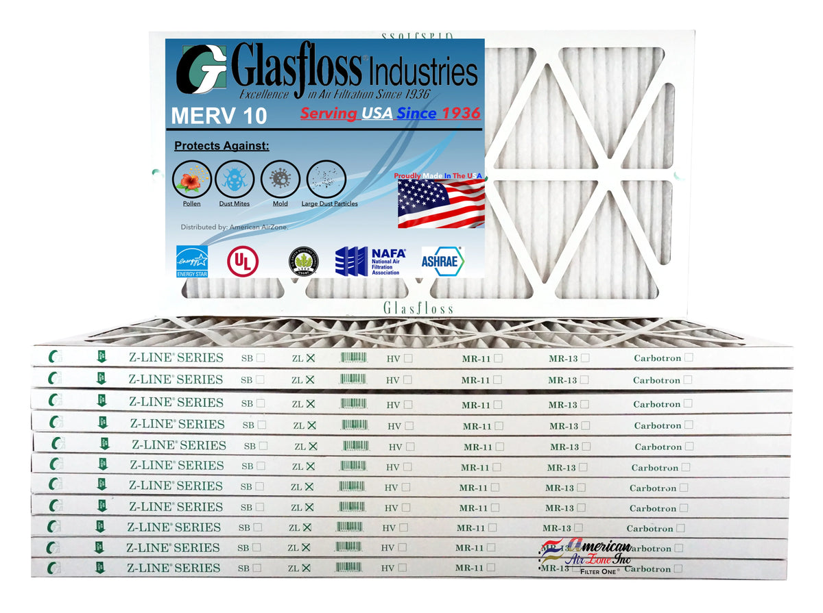 Glasfloss 14x30x1 -  10 -Qty:12 - Furnace Air Filter - Made in  (Actual Size: 13.5 x 29.5x7/8 inch)