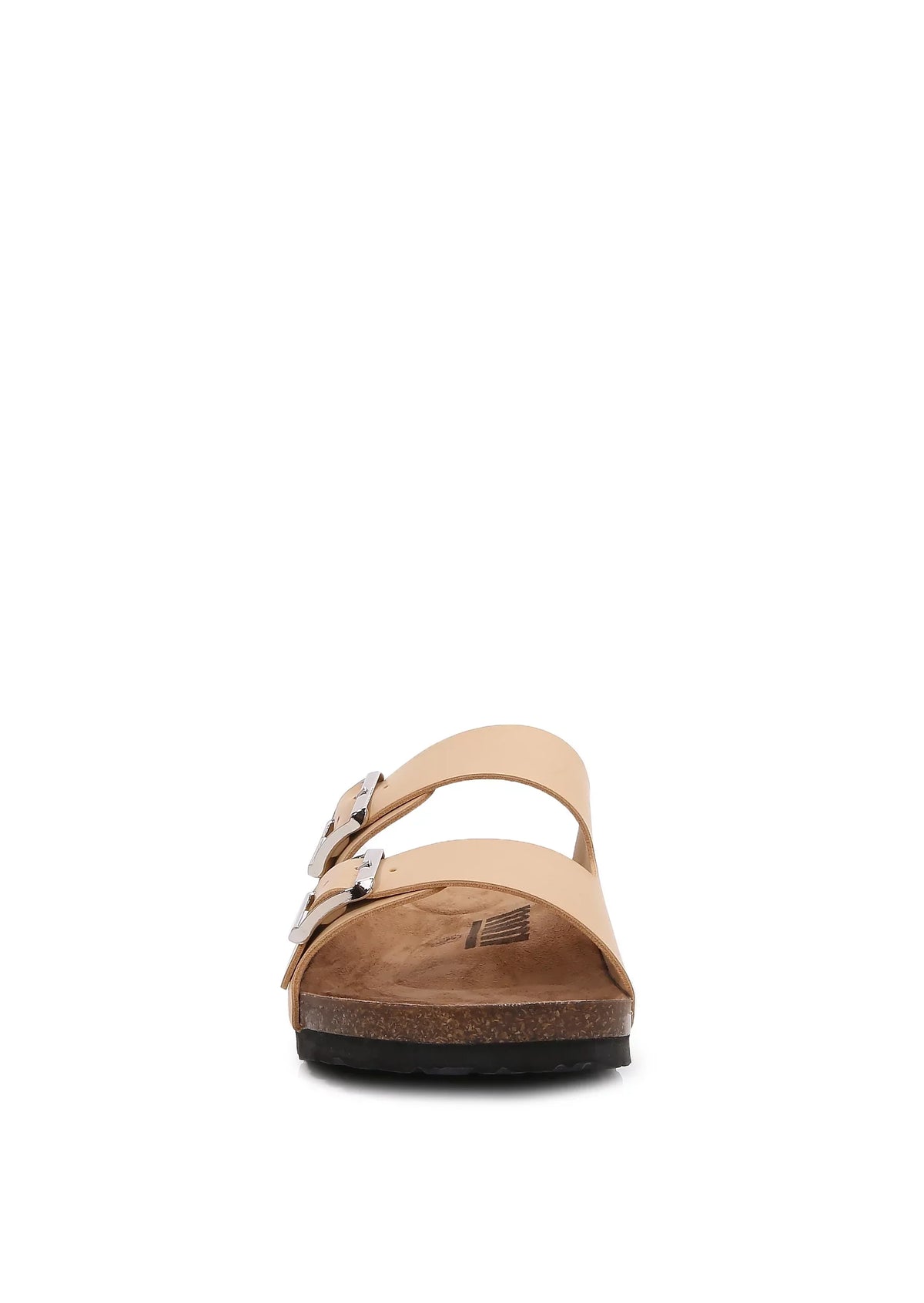 Women Soft Cork Cushioned Footbed  Leather Double Strap Slider Sandal ( Apricot/ 6)
