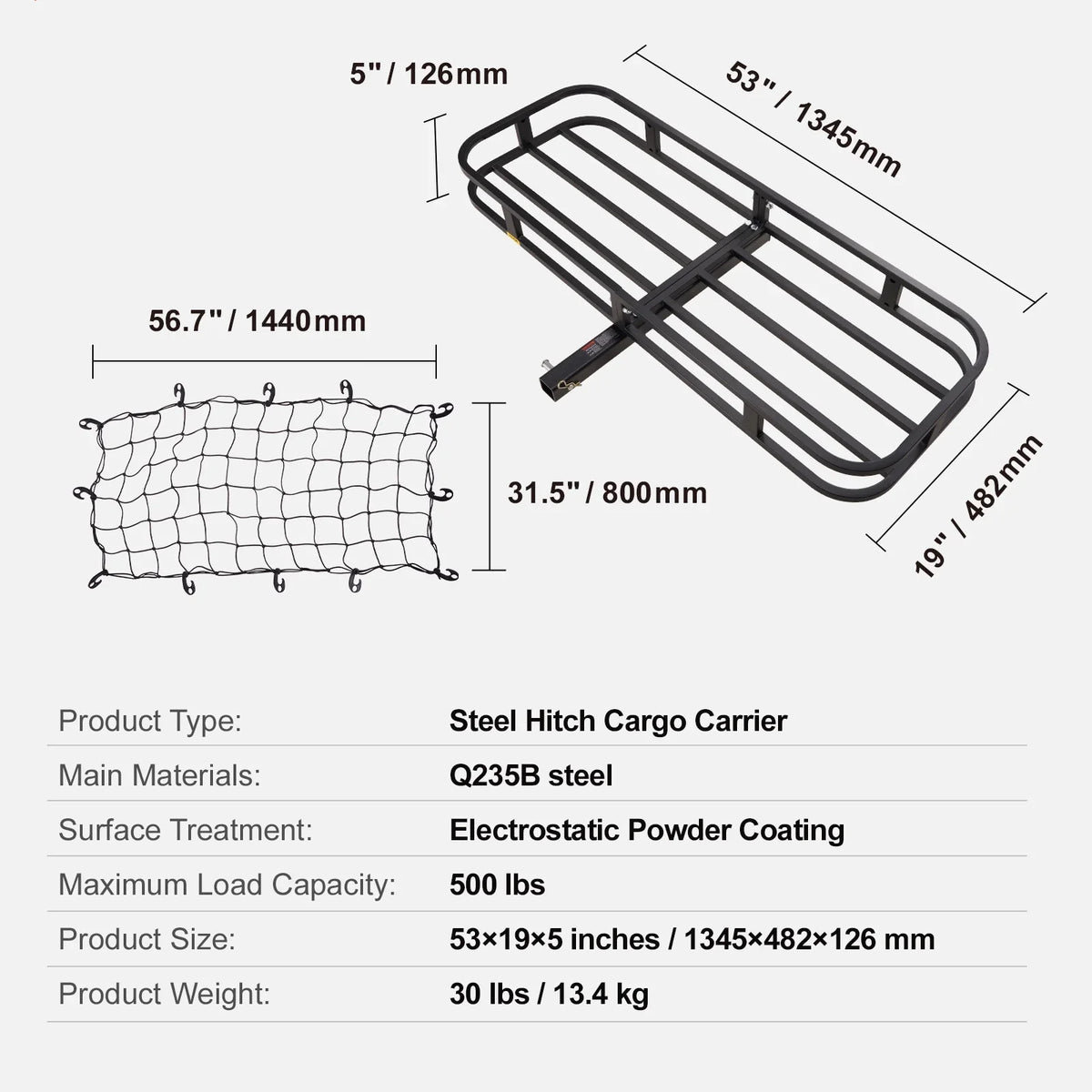 Hitch Mount Cargo Carrier 53x19x5 in 500lb & Cargo Net Fits 2" Receiver