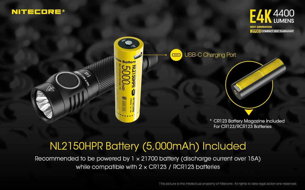 Combo:  E4K Flashlight -1x  21700 Rechargeable Li-ion Battery Included w/Offset Mount