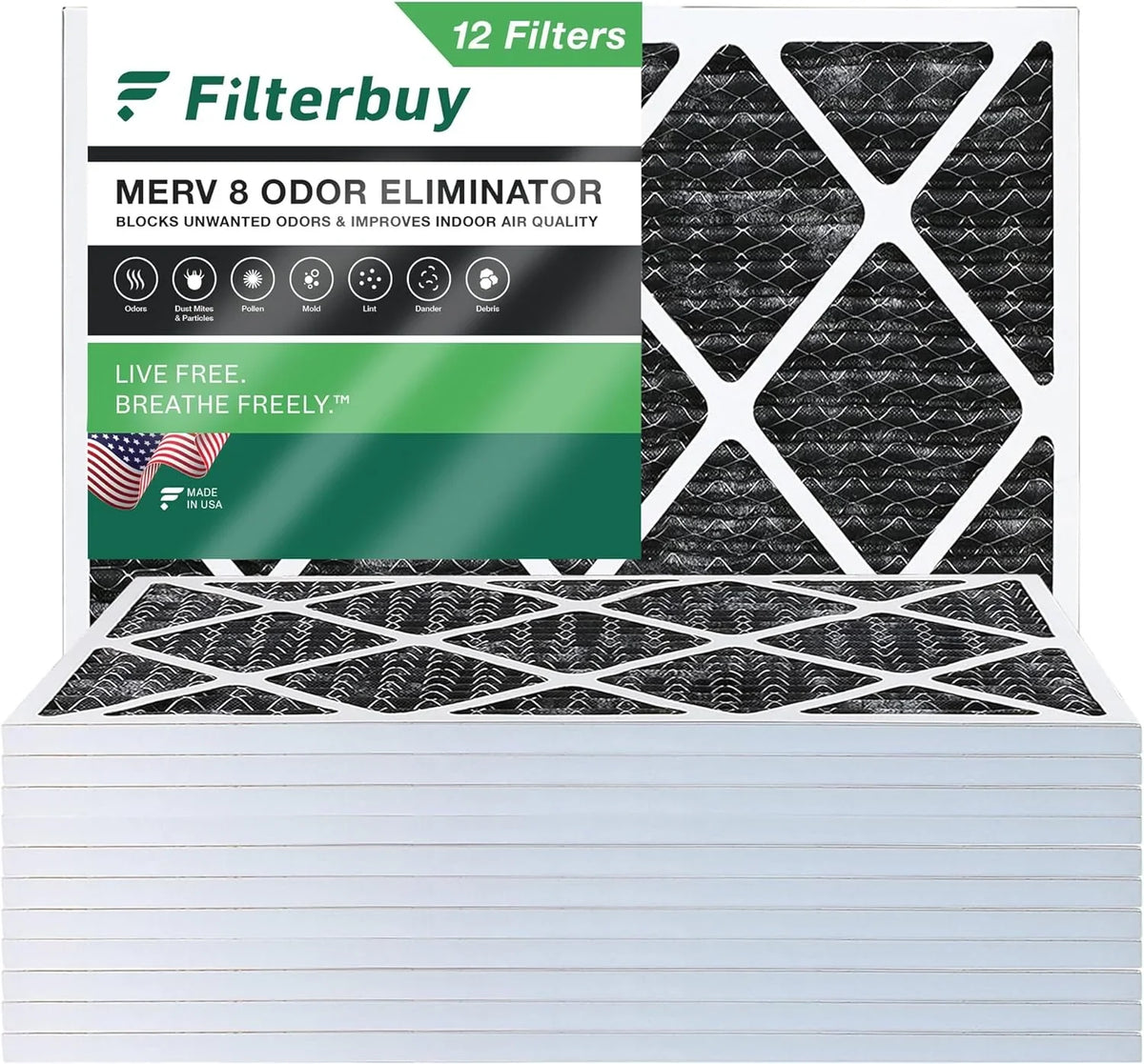 Filterbuy 16x20x1  8 Odor Eliminator Pleated   Furnace Air Filters with Activated Carbon (12-Pack)