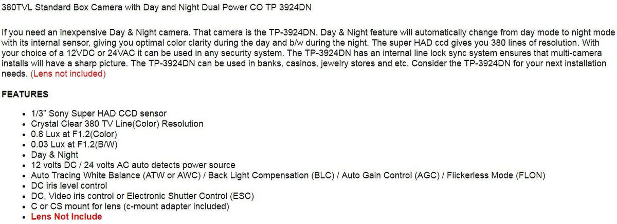 380TVL Standard Box Security Camera with Day and Night Dual Power   3924DN (Lens Not Included)